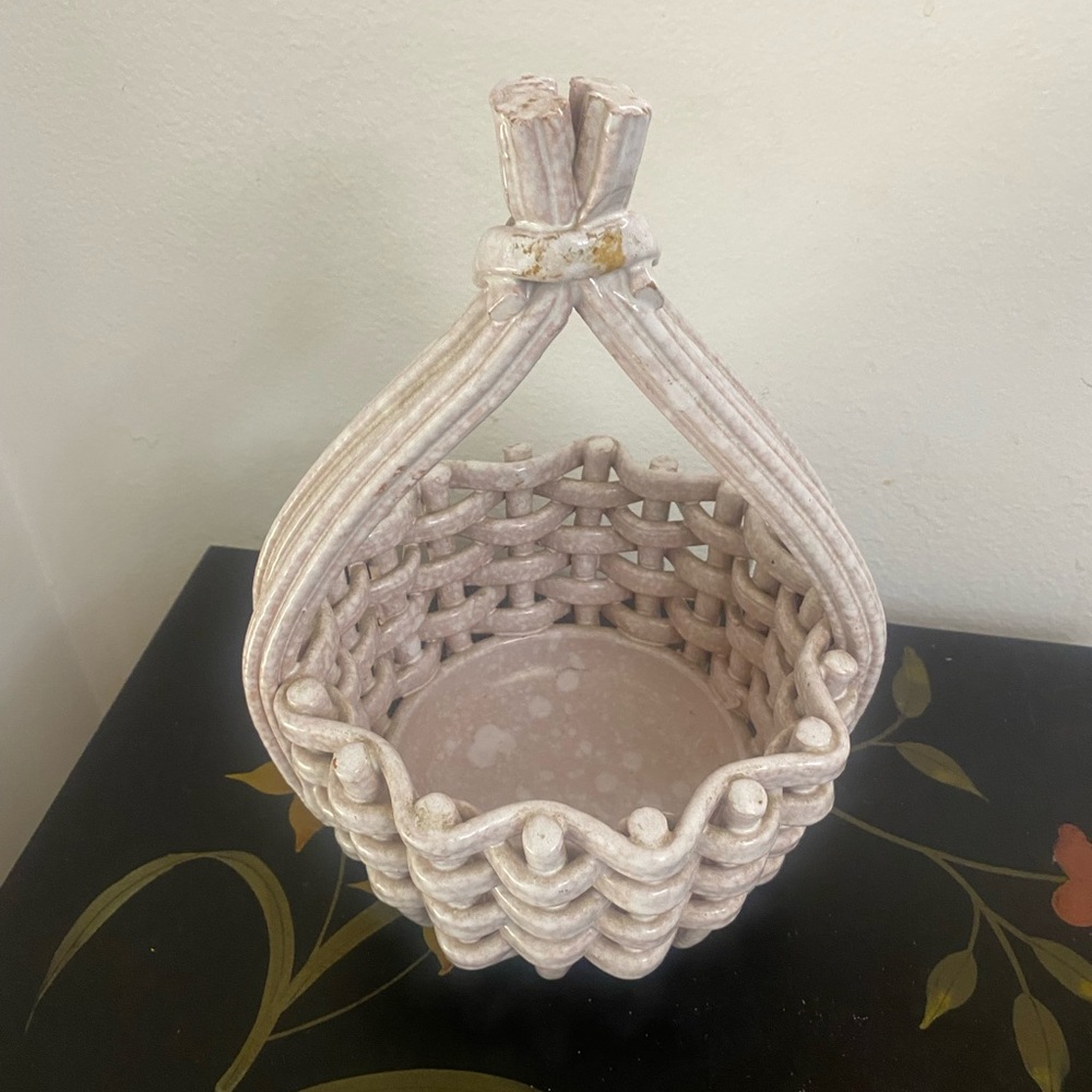Vintage Italian Porcelain Woven Basket with Braided Twisted Handle - RARE FIND -